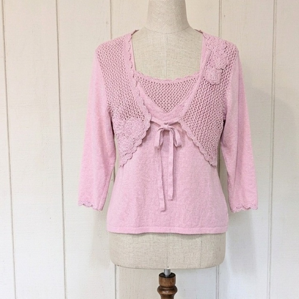 Y2K Coquette Pink Crochet Trim‎ 2 Piece Sweater Set Cardigan Top Small